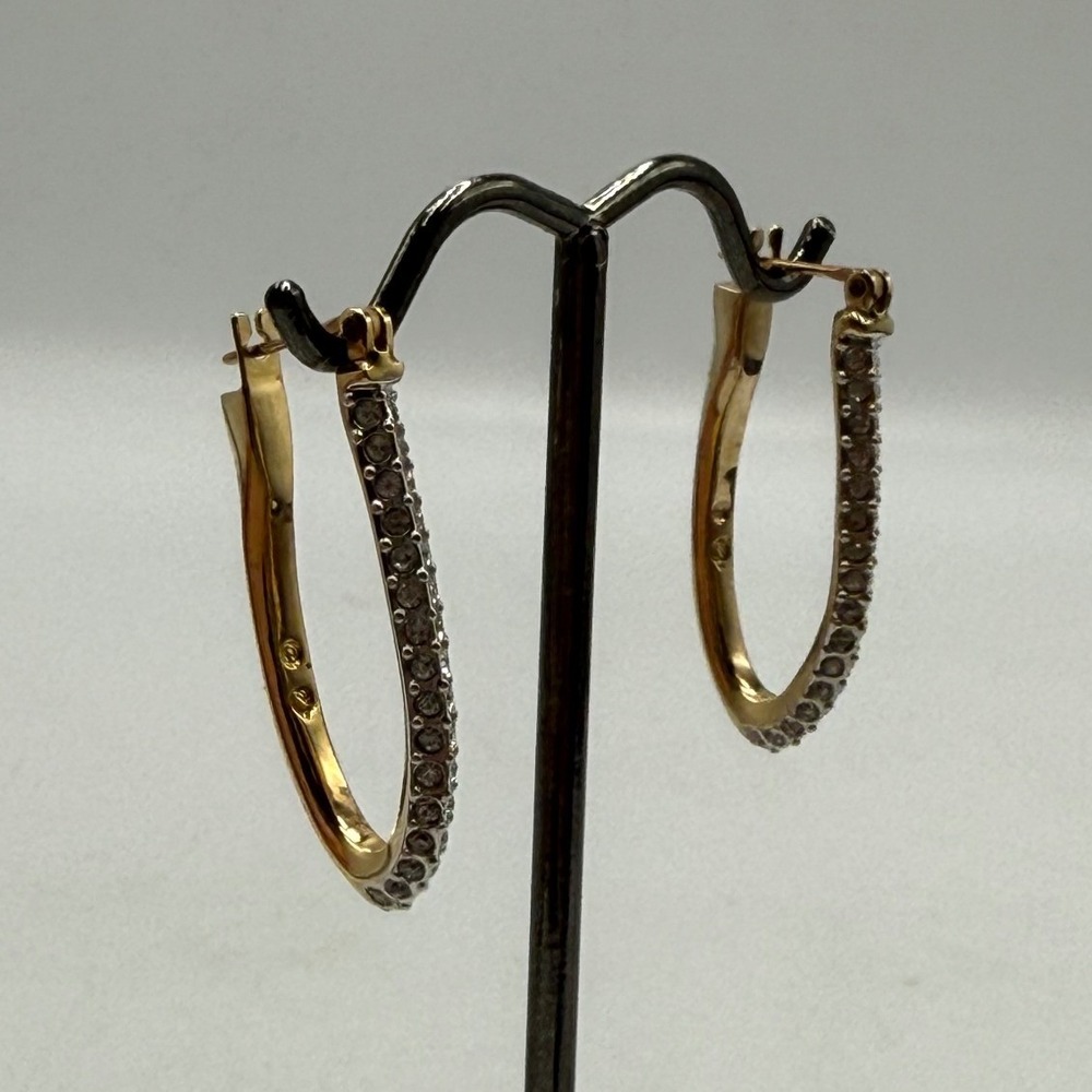 Swarovski Gold Tone Pave Crystal Elongated U-Shape Hoop Earrings Swan Logo